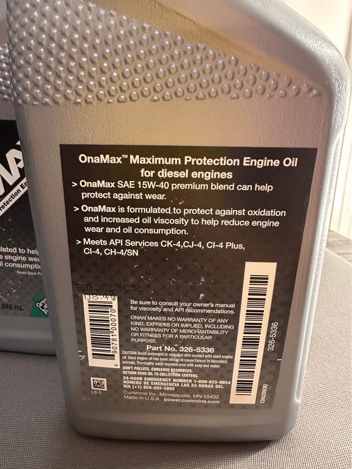 Onan OnaMax 15W-40 RV Generator Engine Oil — 2-Pack