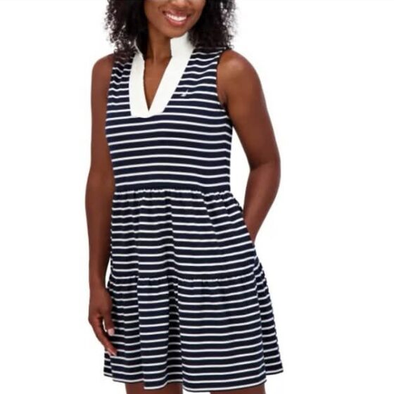 Nautica Knit Dress Women's M Tiered Navy Blue White Stripe Pockets