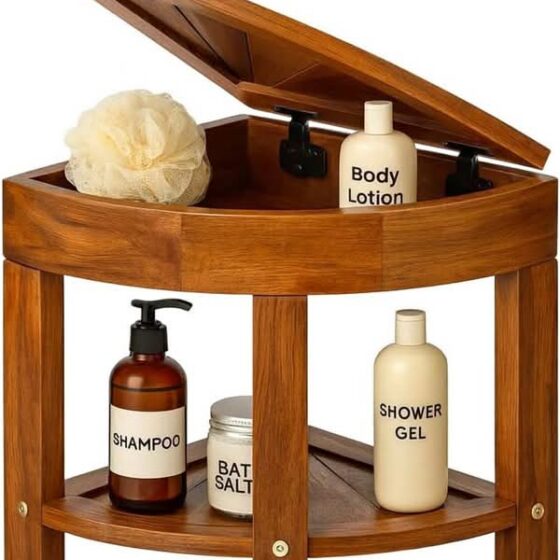Wallace & Williamson Teak Shower Stool – Non-Slip Corner Bath Seat with Storage