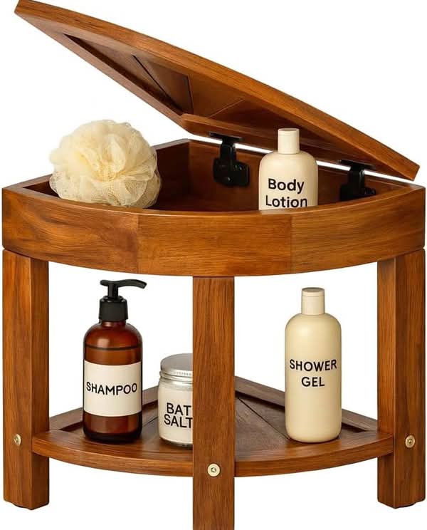 Wallace & Williamson Teak Shower Stool – Non-Slip Corner Bath Seat with Storage