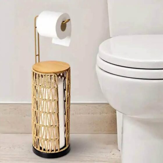 Boho Decor Farmhouse Freestanding Handmade Woven Toilet Paper Holder with Storage