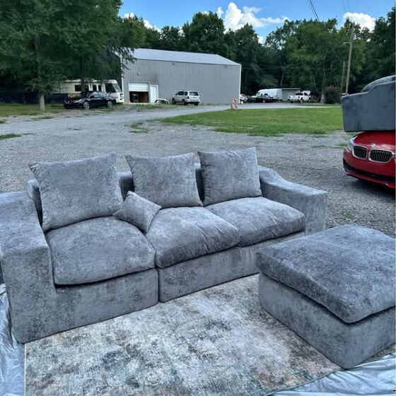 Boneless Couch . Gray Corduroy Modular "Cloud" Sofa + Ottoman & Pillows
