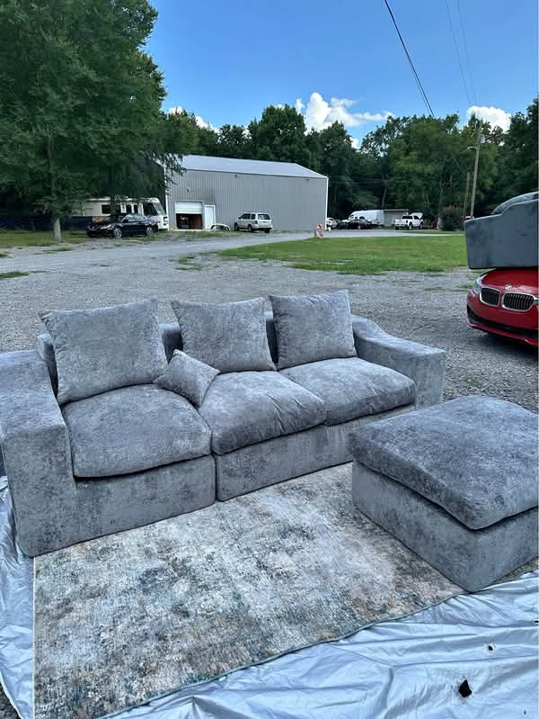 Boneless Couch . Gray Corduroy Modular "Cloud" Sofa + Ottoman & Pillows