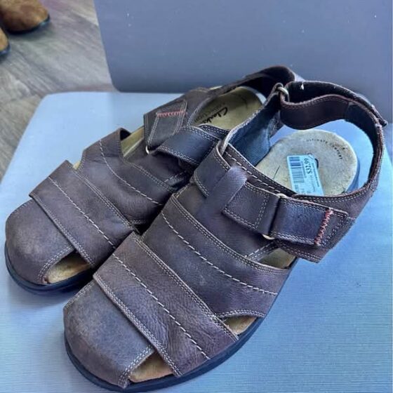 Clark Brixby Cove Men 12 Leather Fisherman Sandal BROWN Slip On Hook & Loop Shoe