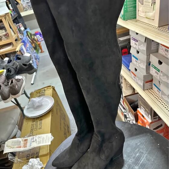 Womens Black Suede Pointed Toe Block Heel Over The Knee