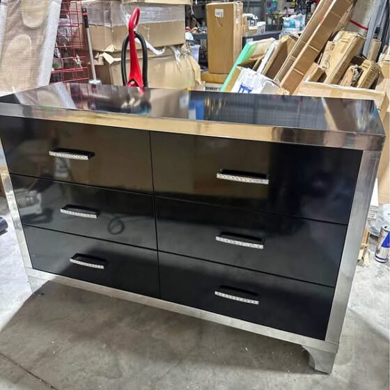 Modern Black & Chrome 6-Drawer Dresser – High Gloss & Faux Crystal Accent