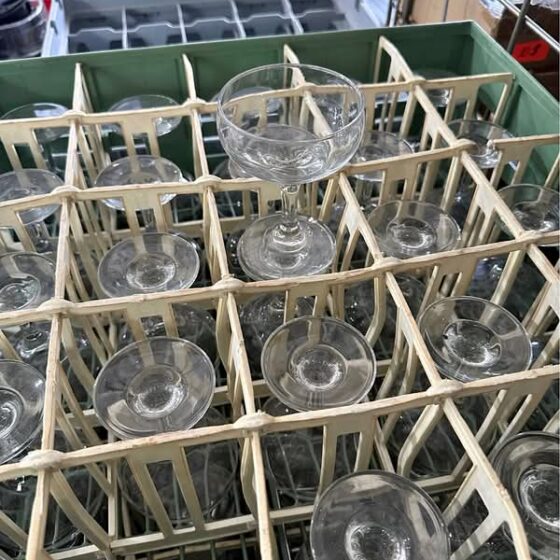 150 Small Martini Glasses + Commercial Storage Rack Included