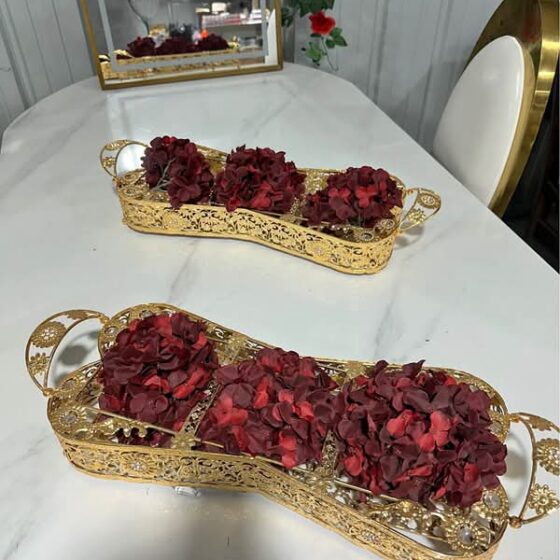 Gorgeous 2-Piece Gold Filigree Table Centerpiece Set with Dark Red Florals