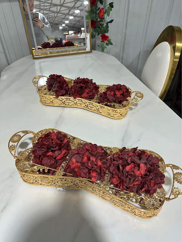 Gorgeous 2-Piece Gold Filigree Table Centerpiece Set with Dark Red Florals
