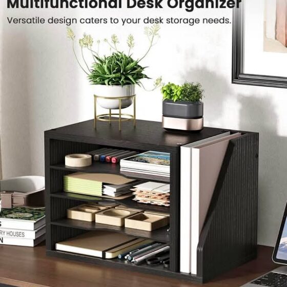 File Organizer Desktop, Wood Desk Organizer with 3 Adjustable Shelves, Mail Paper Sorter for Office