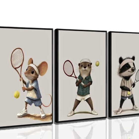 3Pcs Black Frame Nursery Animals Canvas Wall Art Mouse playing tennis otter playing painting