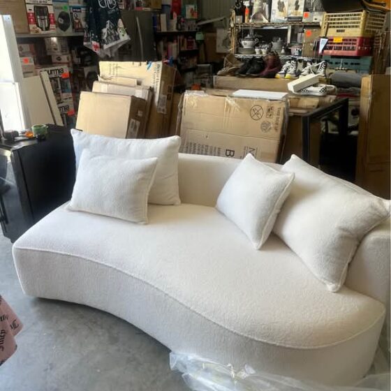 Curved White Bouclé Sofa